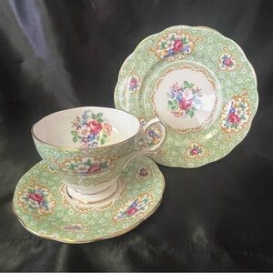 Vintage Gainsborough Queen Anne Green Bone China Teacup, Saucer, Side Plate Trio